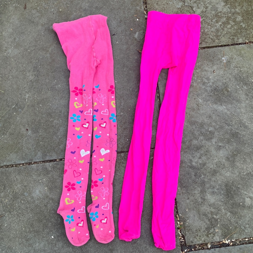 ✨ Bundle of 2: Girls’ Neon Pink & Floral Heart Patterned Tights (Size 7-10) ✨ Op